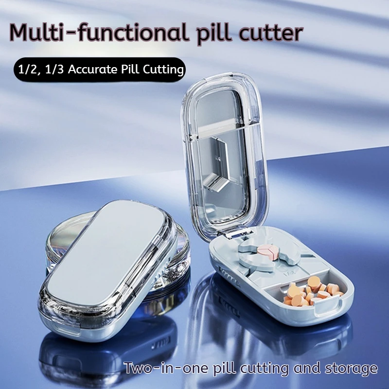فاصل حبوب الدواء المحمول صندوق تخزين الأدوية المنزلية قطع حبوب 1/2 مع وظيفة توسيط ومحاذاة دقيقة