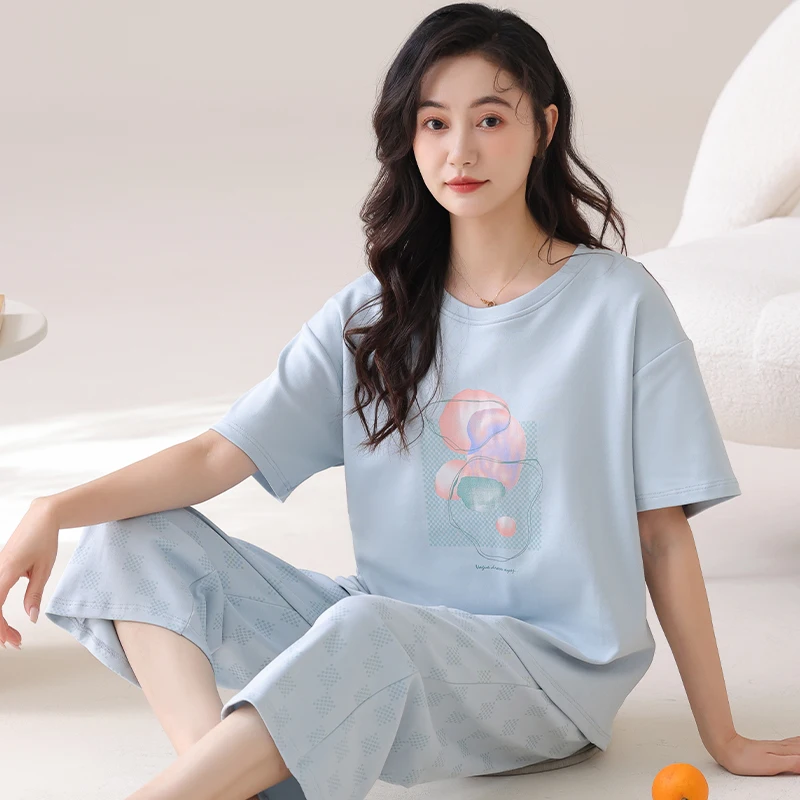 

Summer Pajamas Set With Chest Pad Women100% Cotton Sleepwear Female Short Top+Calf-Length Pants Pyjamas