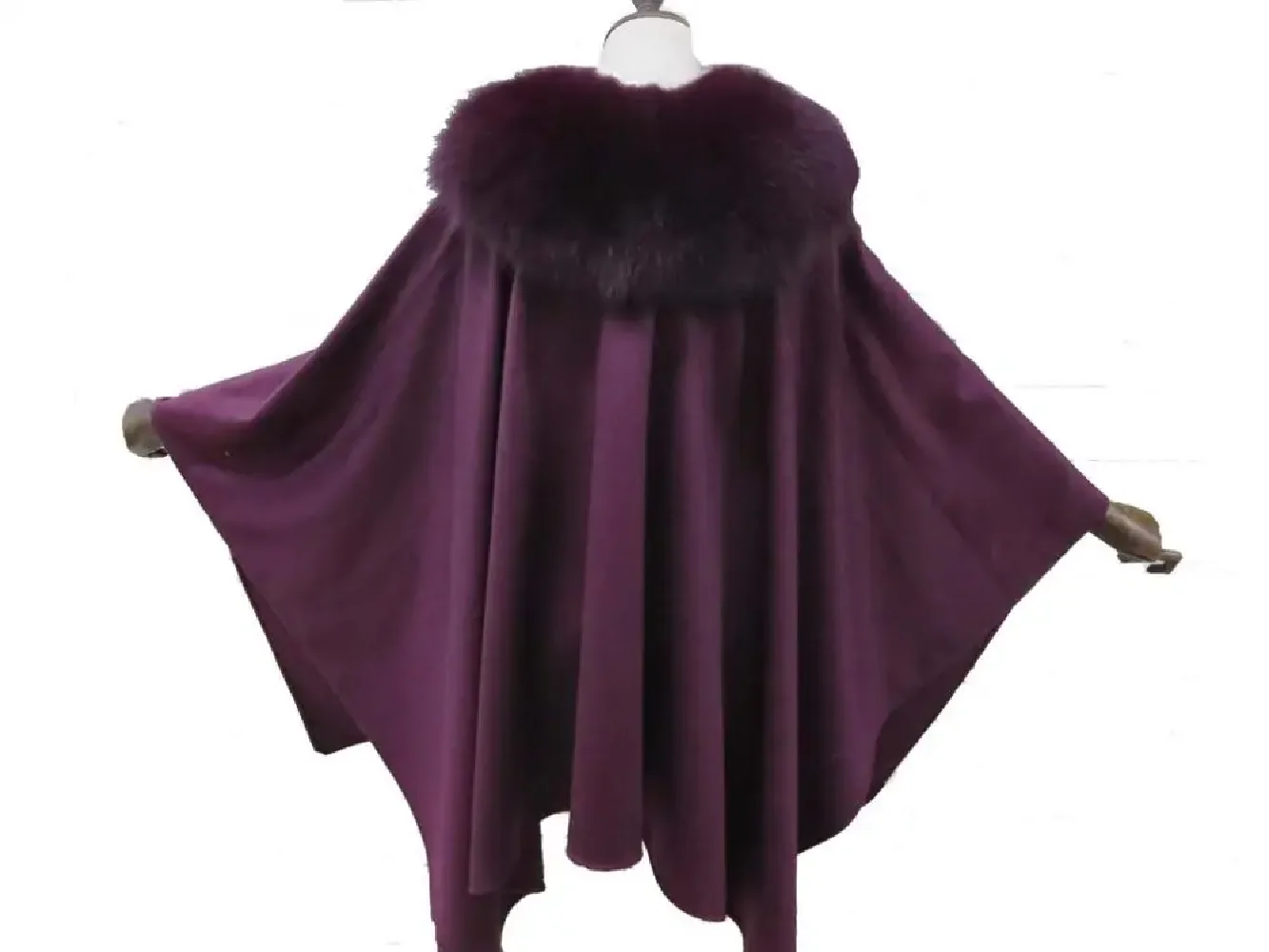 

Women Genuine Fox Fur Collar Real Cashmere Cape/ Cloak Fashion Warm Romantic Purple Winter Elegant Fashion