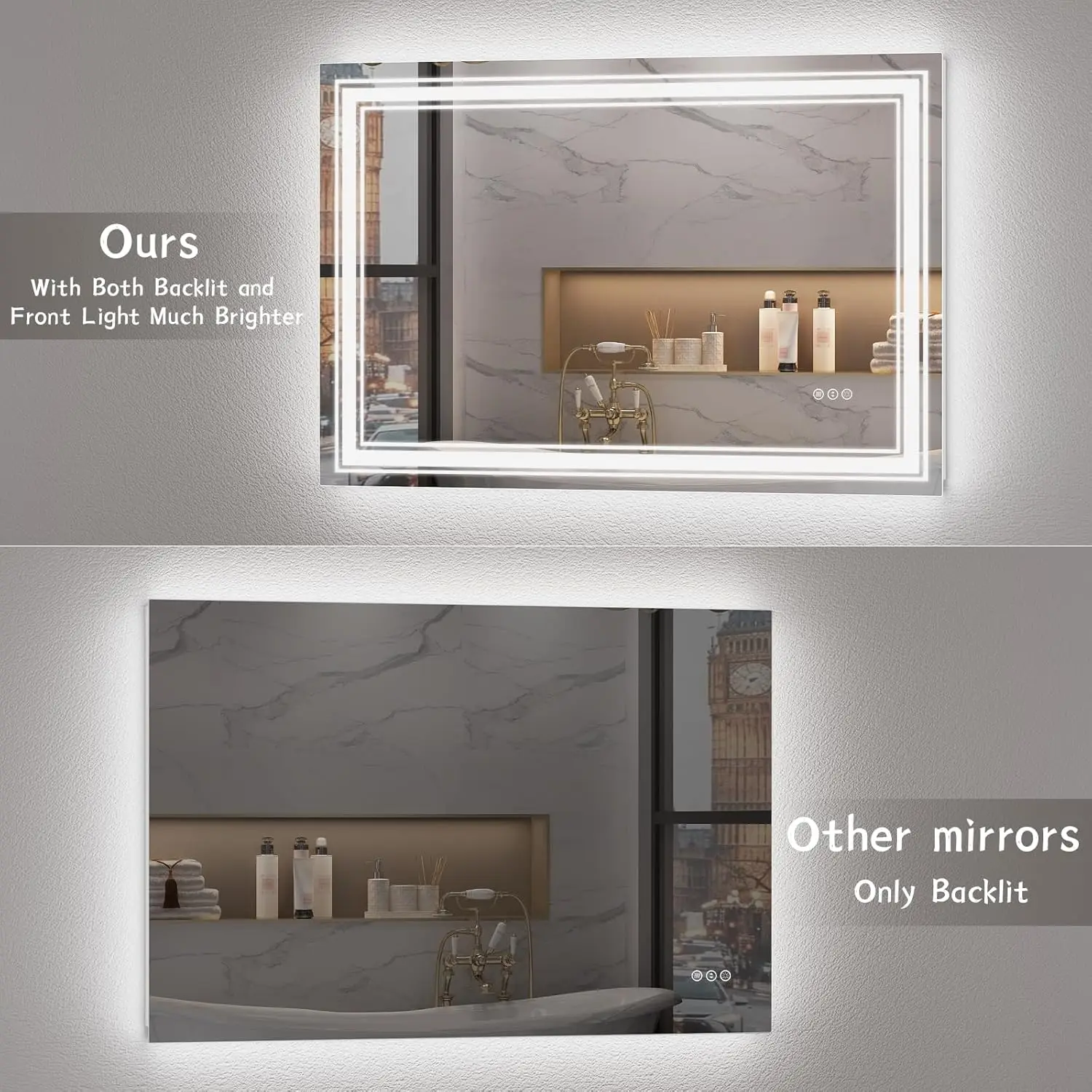 SH.KL Miroir LED pour mur de salle de bain, miroir de courtoisie à intensité variable avec lumières, rétroéclairé et éclairé sur le devant, intensité variable, antibuée, incassable