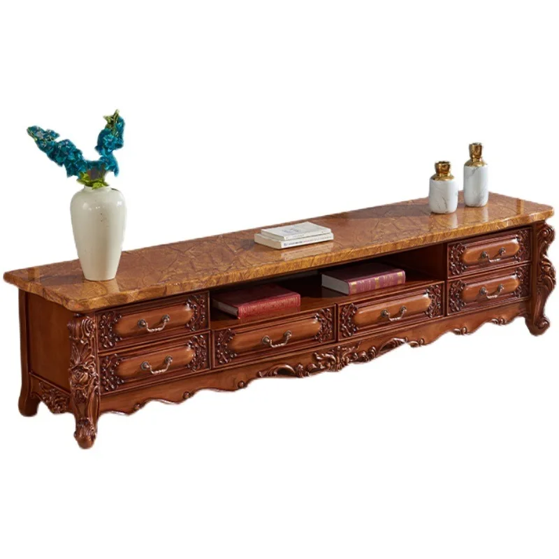 

European marble TV cabinet, European solid wood carving flower coffee table TV cabinet combination, American dark living room
