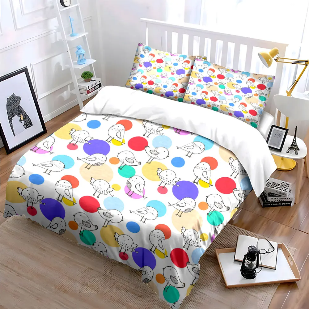 Simple birds with colorful dots Bedding Set for Kids Luxury Gift 3pcs Digital Print Comforter Set Soft Comfortable Breathable