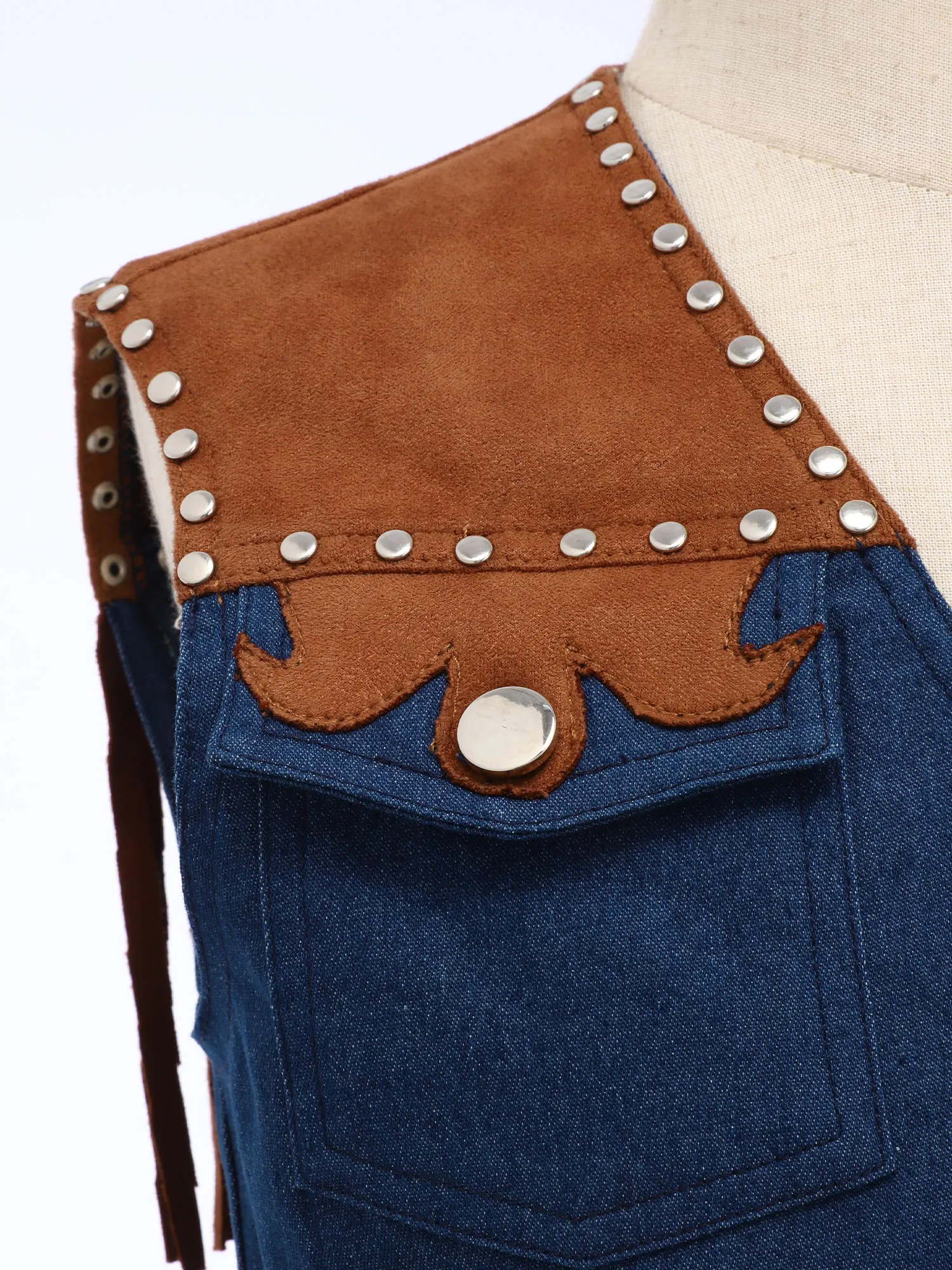 Kids Boys Western Cowboy Costume Halloween Waistcoat Buttons Rivet Fringe Sleeveless Vest Denim Themed Party Cosplay Role Play view 4