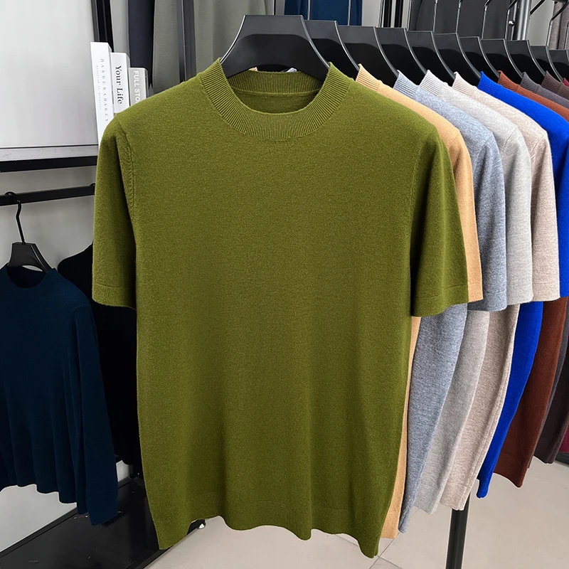 2025 Spring and Autumn Thin Fashion Men's Short Sleeve Woolen Sweater Solid Color Sweater Half Sleeve Knitted Sweater