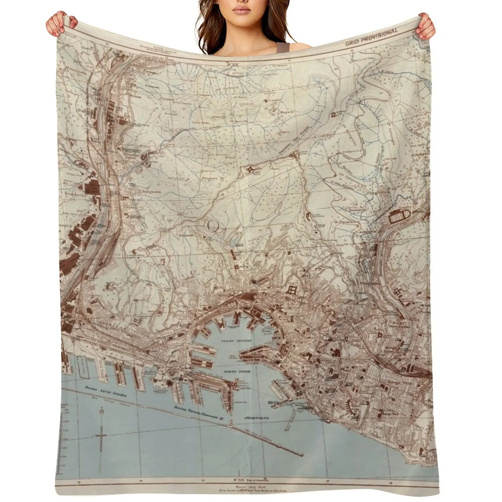 

Vintage Genoa Italy Map (1943) Throw Blanket Plaid Flannel Bed linens Blankets