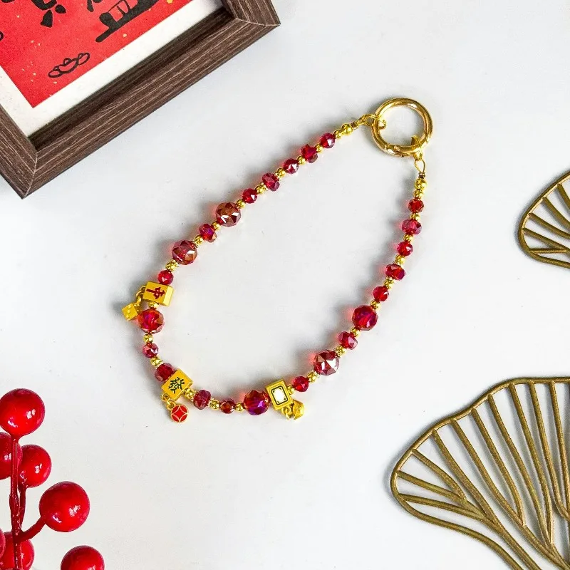 

Antique Style To Attract Wealth and Get Rich Mobile Phone Lanyard, Short Wrist Beaded Crystal Keychain Pendant