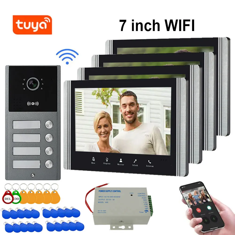 Videoportero WiFi LCD de 7 Pulgadas para Apartamentos Residenciales, Intercomunicador 1080P con Desbloqueo por Tarjeta RFID, Sistema de Videoportero para 2/3/4 Unidades
