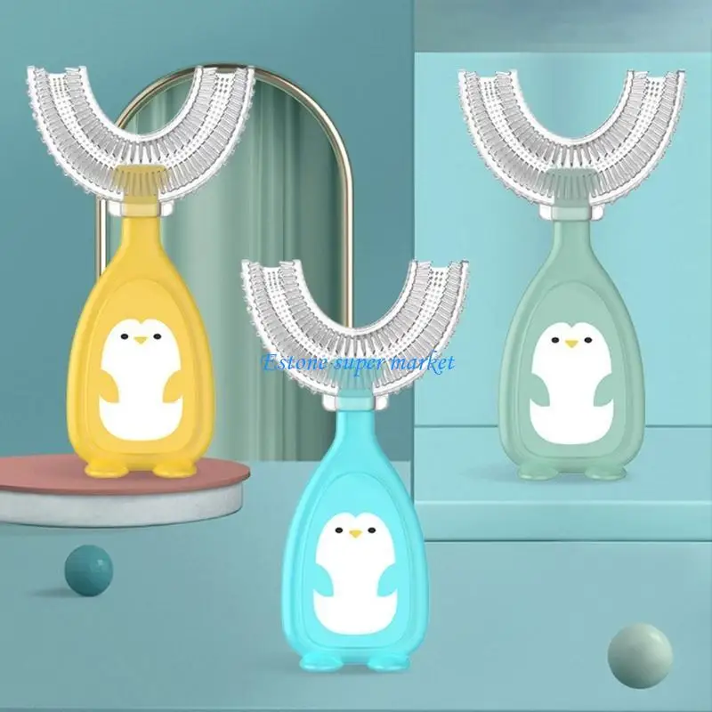 

090B Cartoon Penguin Baby Children Manual Toothbrush 360 Degree U-shaped Toothbrush Teether Soft Silicone Baby Teeth Brush