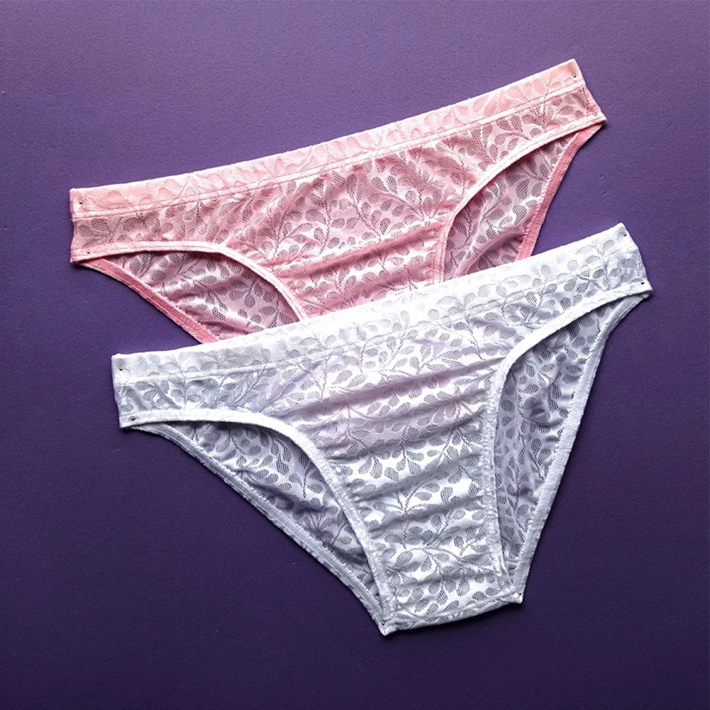 Perspective Lace Jacquard Men Bikini Briefs Tanga Low Waist Underwear Elastic Soft Man Underpants No Pouch