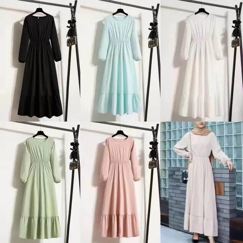 EVNISI Spring Fall Mujer Vestidos Solid Full Sleeve O-neck Casual Chiffon Dress Women Muslim Long Dress Solid Loose Maxi Dresses