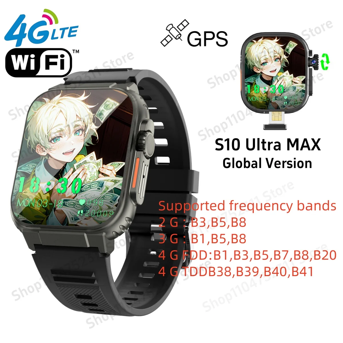 

S10 Ultra MAX Smartwatch 4G 5G Android 10.0 System Rotary camera 256GB ROM App Store WiFi GPS SIM card 2.26'' Amoled Smart Watch