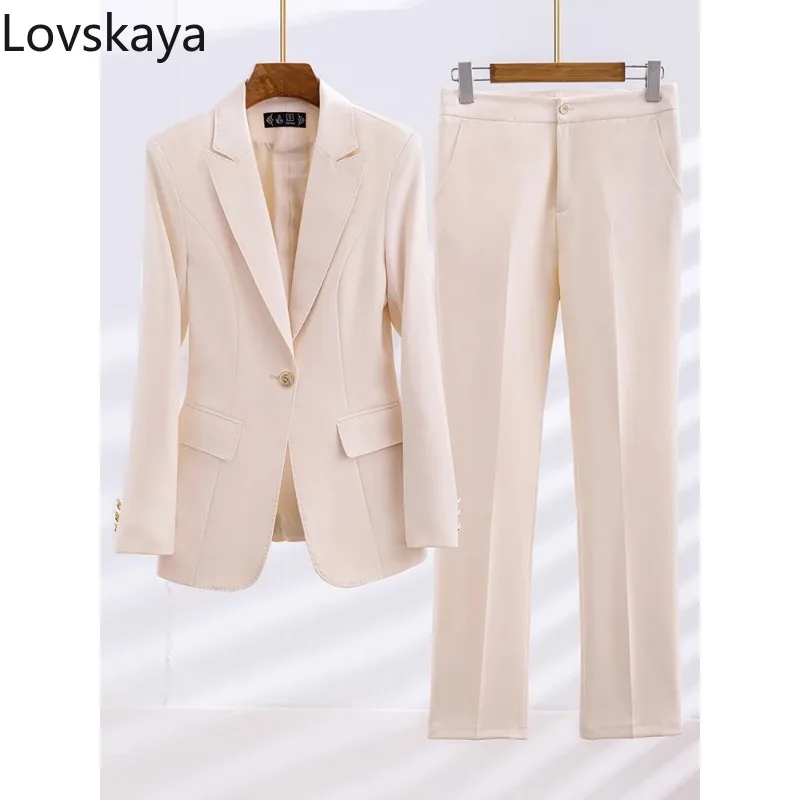 Fashion  Green Blue Apricot Black Blazer Pant Suit Women Female Business Work Wear Jacket and Trouser Formal 2 Piece Set