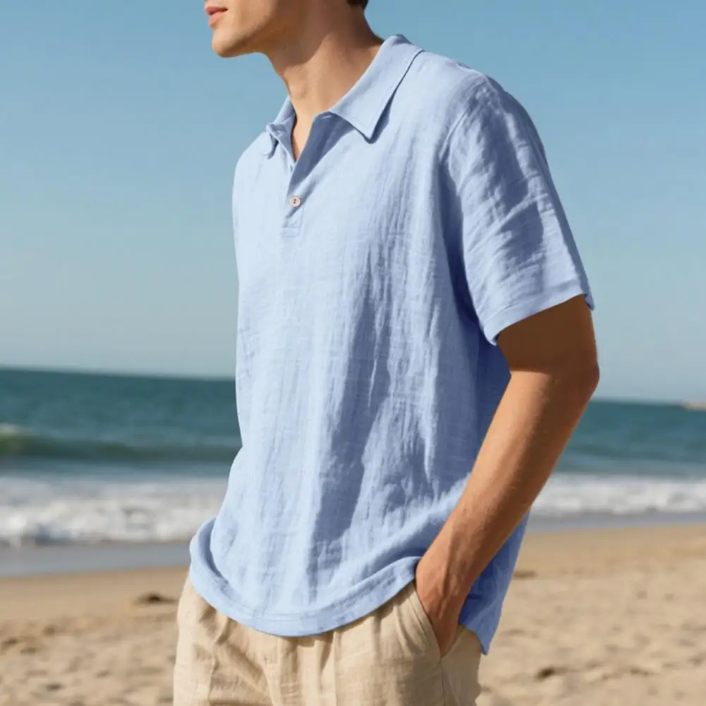 

Мужская льняная рубашка с короткими рукавами, летняя дышащая футболка с воротником и пуговицами, повседневная базовая блузка-топ
