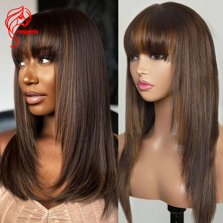 

Hesperis Layered Bob Cut Human Hair Wig With Bangs Brazilian RemyMedium Brown with Honey Blonde highlights Full Machine Made Wig