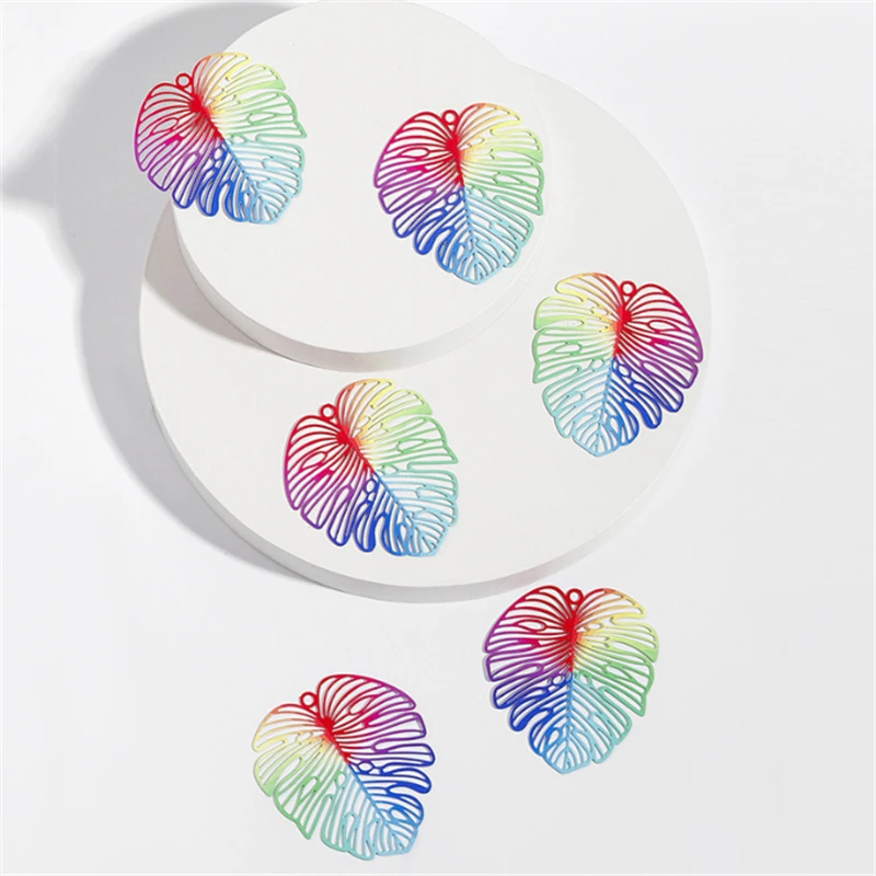 20pcs/lot new retro colorful rainbow hollow leaves charms connectors for diy ornament earrings jewelry making accessories