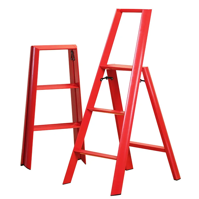 

Home red folding ladder Multifunctional herringbone aluminum alloy pedal Thickened three-step ladder