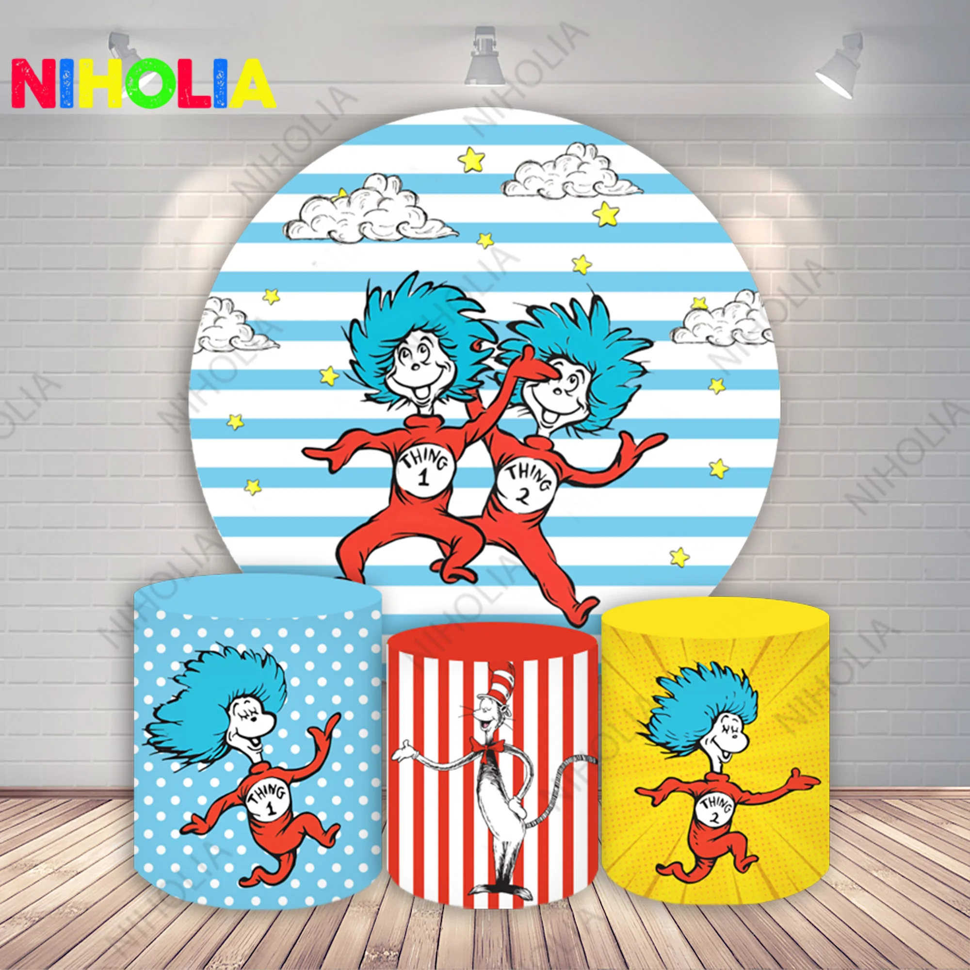 Niholia Thing 1 Thing 2 Round Photo Backdrop Kids Birthday Party Decoration Baby Shower Cylinder Cover Photo Props