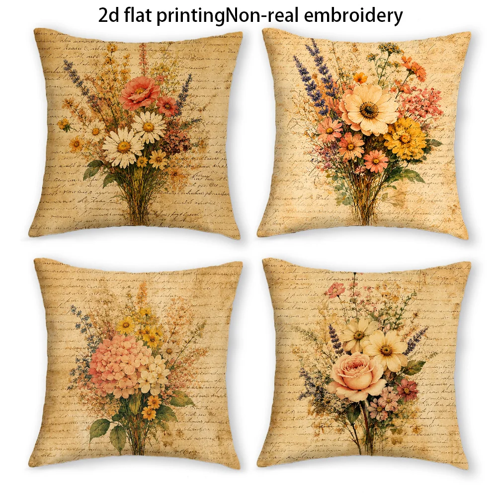 Set of 4 Floral Printed Throw Pillows Vintage Style Botanical Garden Artwork Cushion Covers Polyester Home Decor Shabby Chic