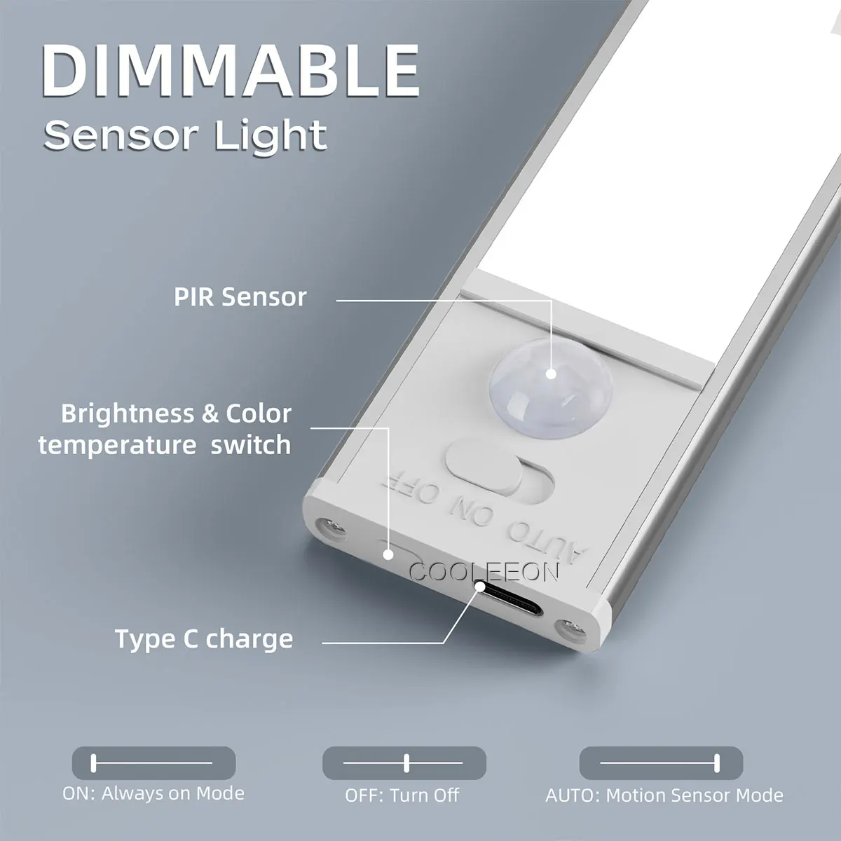 캐비닛 아래 센서 라이트, 조도 조절 가능 초박형, 마그네틱 자동 감지 야간 램프, 침실 계단 주방 조명, 3 색