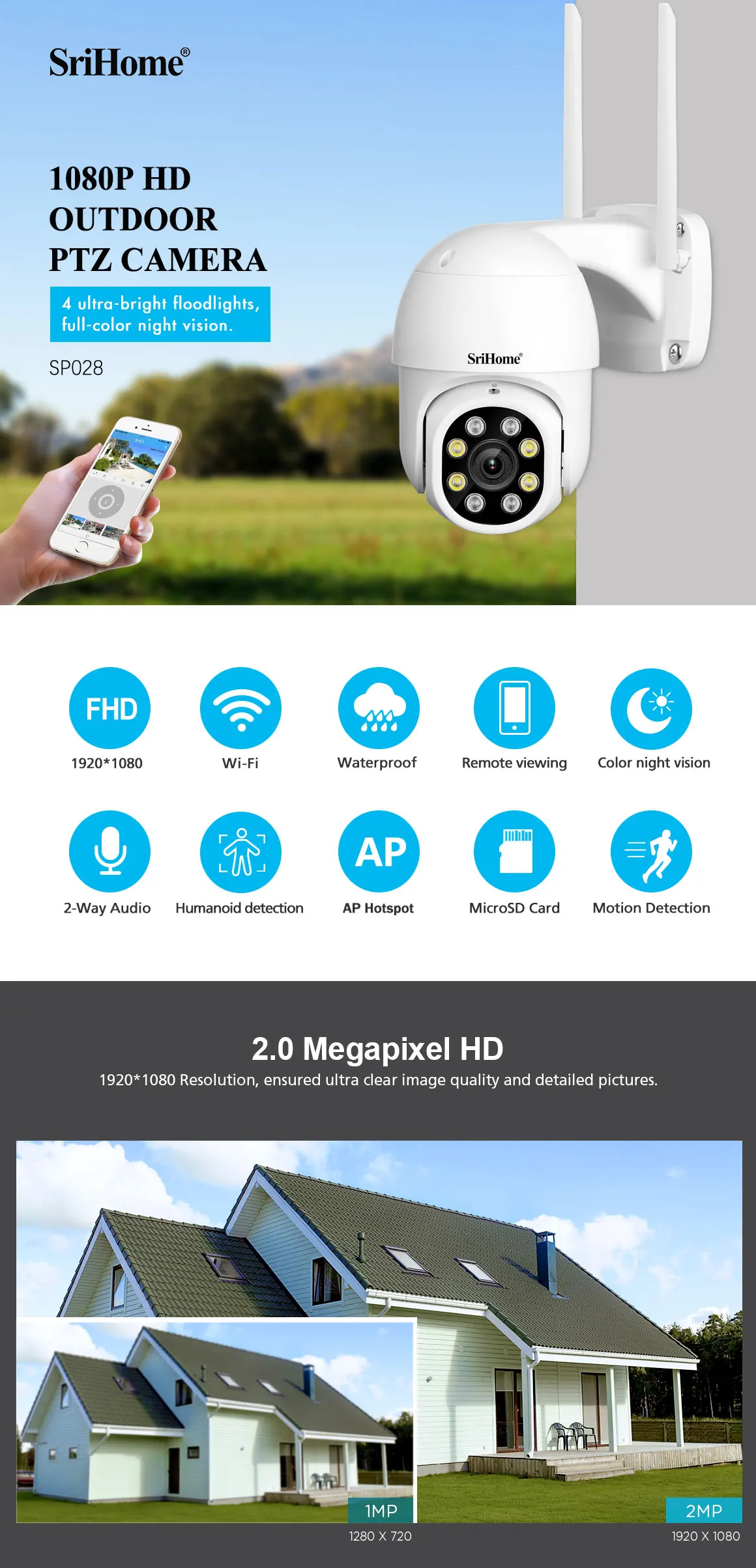 Srihome SP028 8MP Wifi IP Wireless CCTV Security Surveillance PTZ Camera Tracking Two-way Audio HD Night Color Wireless Cameras
