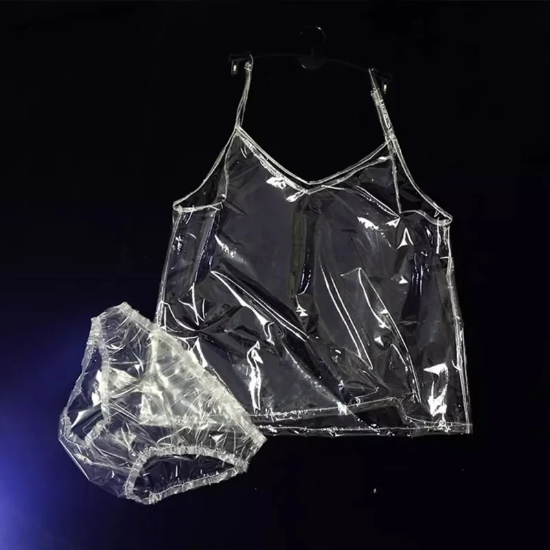 ABDL Sexy Transparent TPU Plastic Camisole Vest Loose Shorts Soft Gloss Silent Tank Top Waterproof Couple Erotic Briefs Clubwear