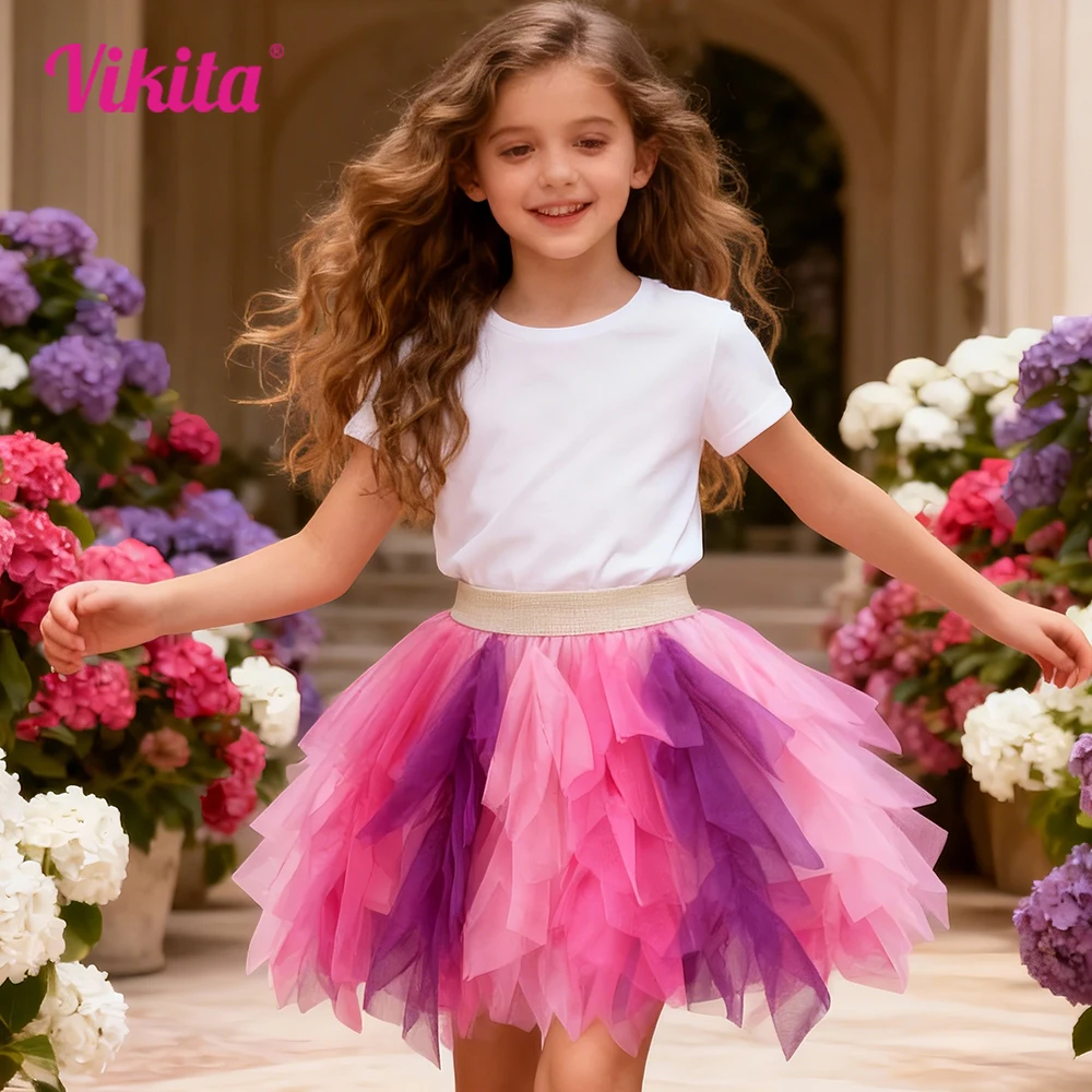VIKITA Girls Cake Skirts Kids Irregular Mesh Tulle Layered Tutu Skirt Girls Birthday Party Princess Casual Dance Mini Skirt