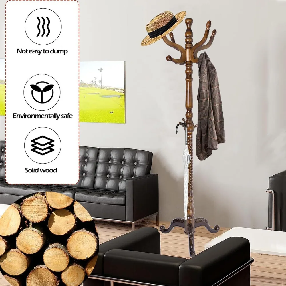رف معطف قائم بذاته مع 11 خطافًا، حامل مدخل من الخشب الطبيعي، رف معطف على شكل شجرة بارتفاع قابل للتعديل، طويل القامة 74