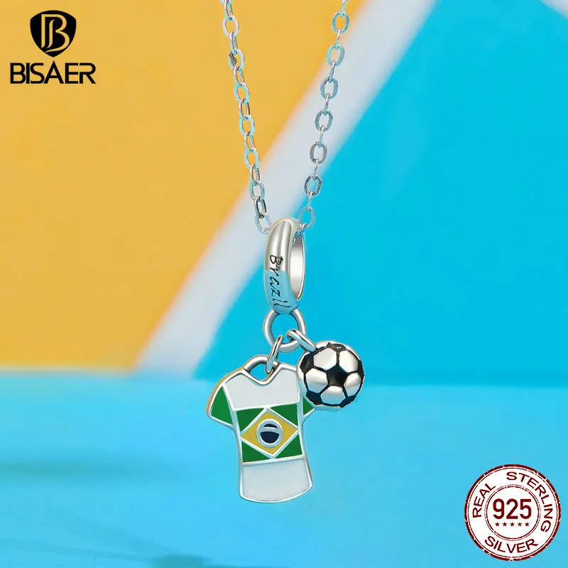 BISAER 925 Sterling Silver Football Jersey Pendant Enamel Process Ball Charm Bead Fit Woman DIY Bracelet & Necklace Fine Jewelry