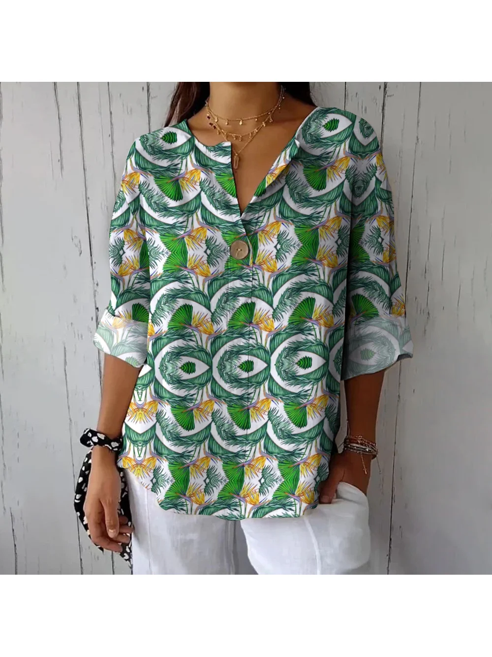 V-Neck Loose Casual Shirt 2024 New Leaf Print Bohemian Style Long-Sleeved Jumper Luxury Summer Soft Women's Clothing