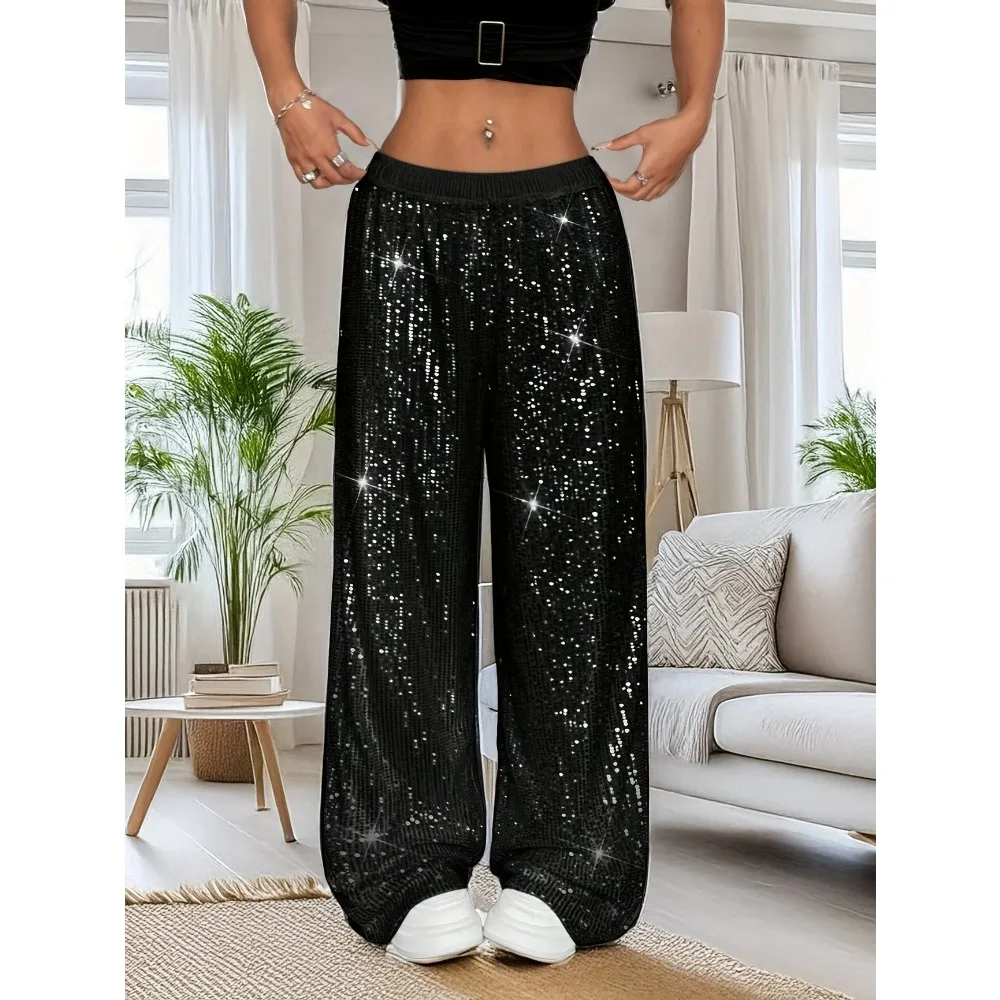 حجم كبير 1XL-5XL النساء أزياء الترتر مستقيم الساق السراويل السيدات عارضة أنيقة عالية الخصر فضفاض السراويل الطويلة #2