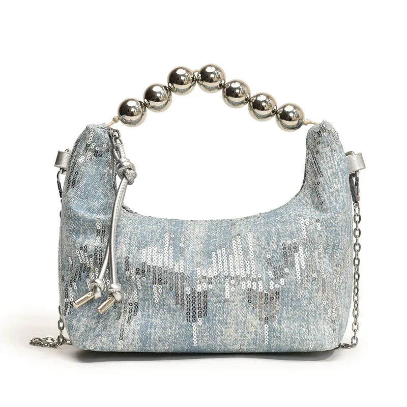 Chains Handbag Women\'s Fashion Beaded Sequins Denim Single Shoulder Crossbody Bag Luxurious Versatile Party Clutch Bags