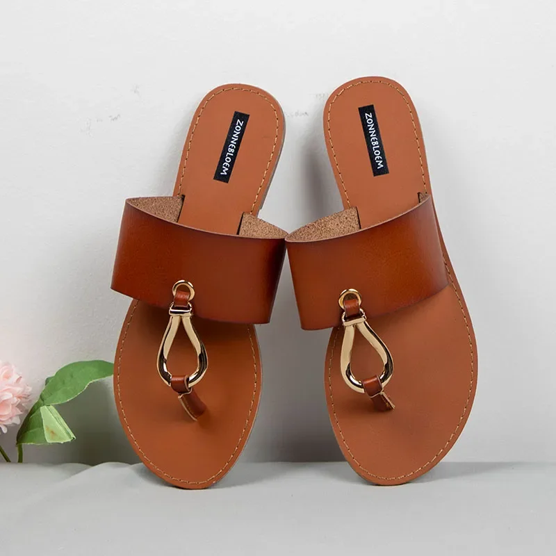 New Leather Sandals Women Summer Shoes Flat Bottom Open Toe Outside Beach Fashion Leopard Ladies Slides Big Size 36-41