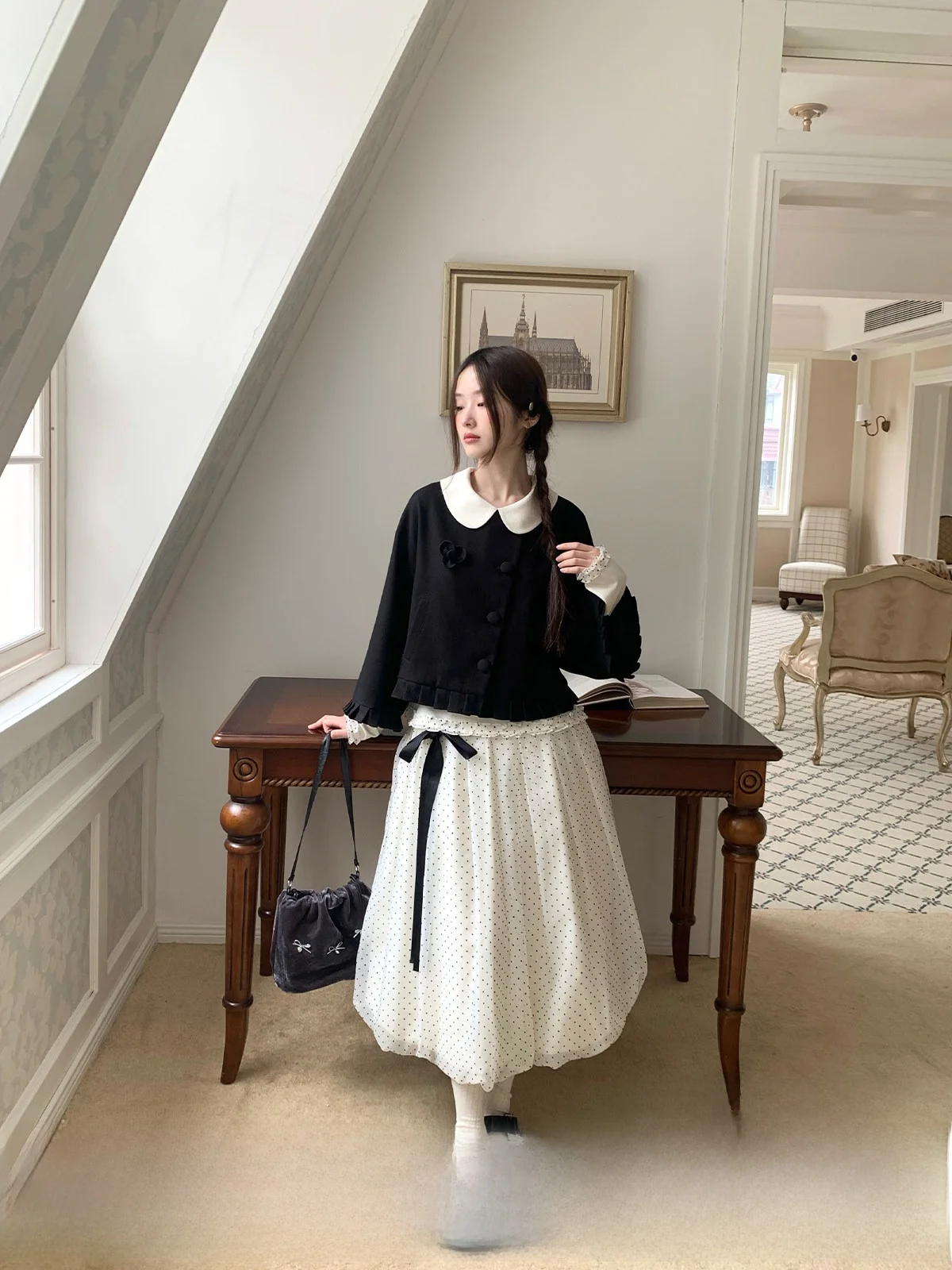 

Sweet Style Black Missy Suit Jacket Women Spring Heavy Work Three Layers Polka Dot Half Skirt Fashion Short Outerwear