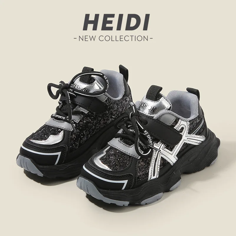 Enfants printemps automne avant à lacets papa chaussures garçons paillettes baskets basses filles semelle souple rayé Velcro neutre chaussures décontractées