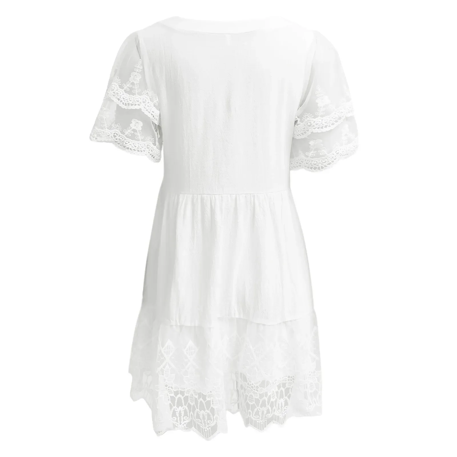 Robe de vacances en patchwork de dentelle blanche pour femme, col en V, robe de demoiselle d'honneur, mini plissée, élégante, à manches courtes, transportée, décontractée, 2024