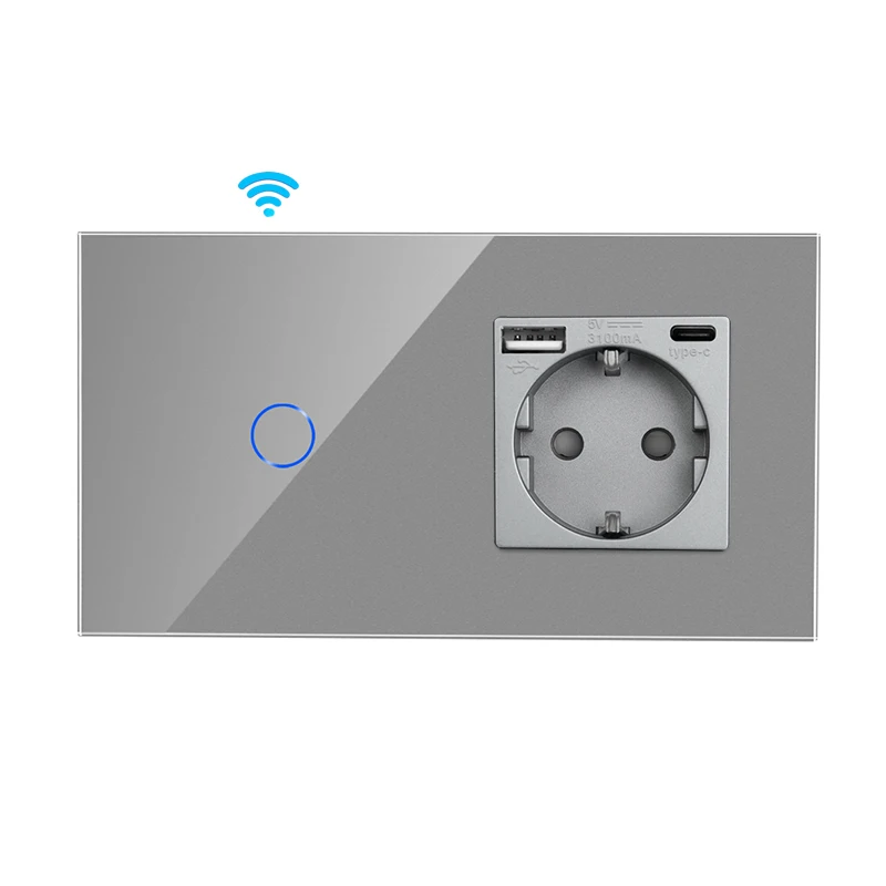 DAJIMEI Smart WiFi Touch Switch with USB Type-C Socket Crystal Glass Panel Tuya Sensor Switches with Socket for Smart Home