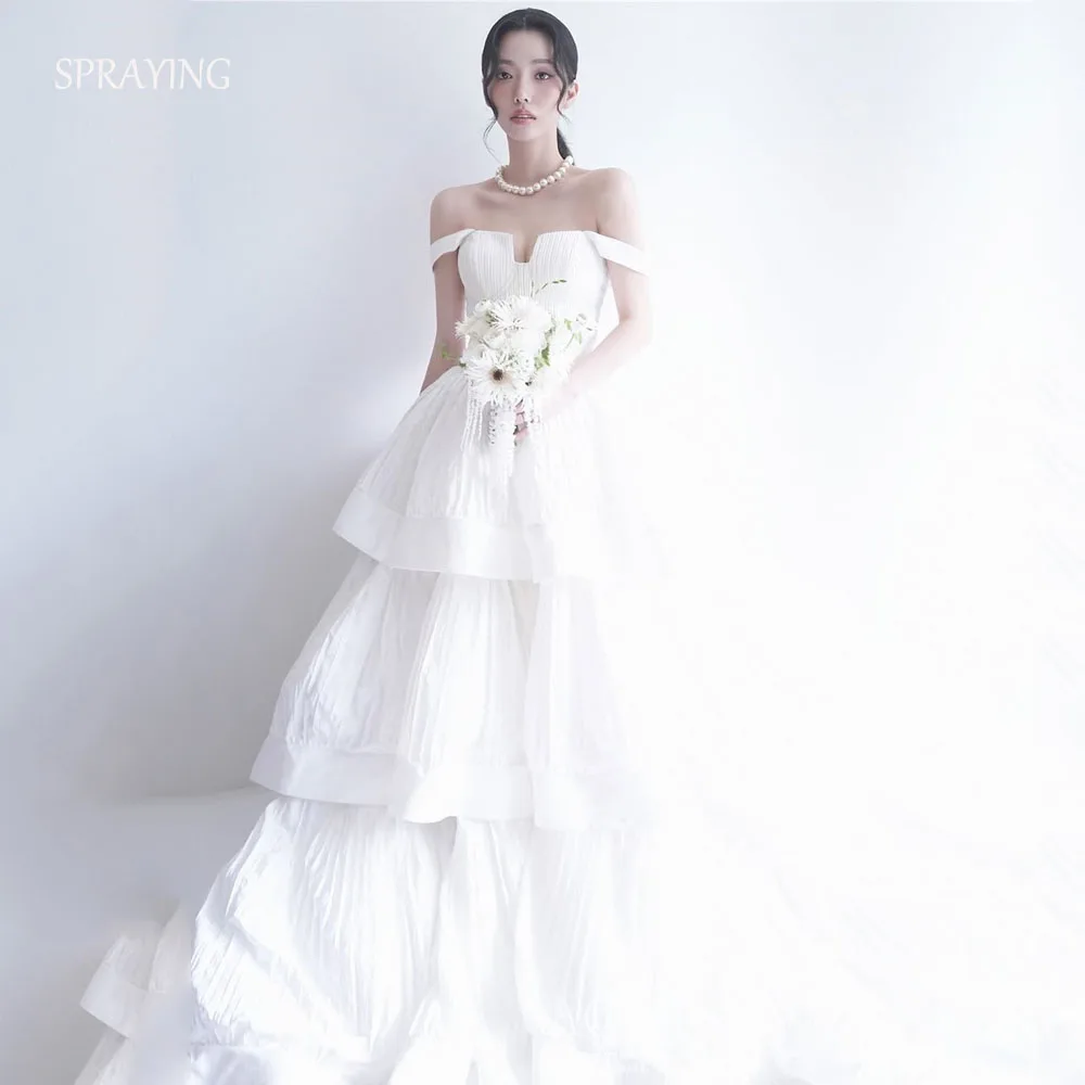 SPRAYING Elfenbeinfarbenes Taft-Hochzeitskleid, Korea-Fotoshooting, quadratischer Kragen, Riemen, lange, abgestufte Brautkleider, Korsett, maßgeschneidert,  soi