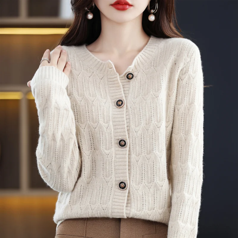 100% pure wool spring and autumn new round neck solid color knitting fashion loose cardigan coat woman