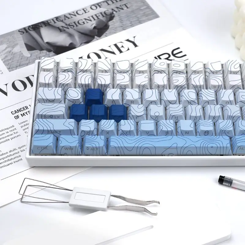 Contour Lines: Blue And White Side Engraved Gradient Contour Line 136 Key Porcelain Pbt Keycap Anime Keycaps Thermal Sublimation