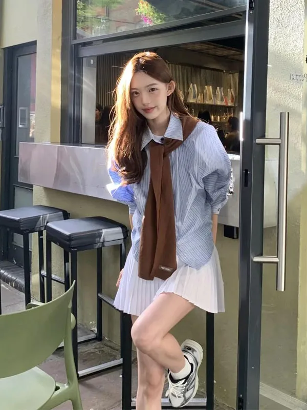 

Korean Style Striped Long Sleeve Shirt Women's Casual Loose Slimming Versatile Top Autumn New Arrival Fashion Set
