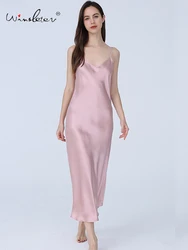 Winsleter, 25MM 100%Real Silk Sexy Nightgown, Women Spaghetti Strap Solid, Simplicity Long Pajamas Dress, Summer Fall P49546CC