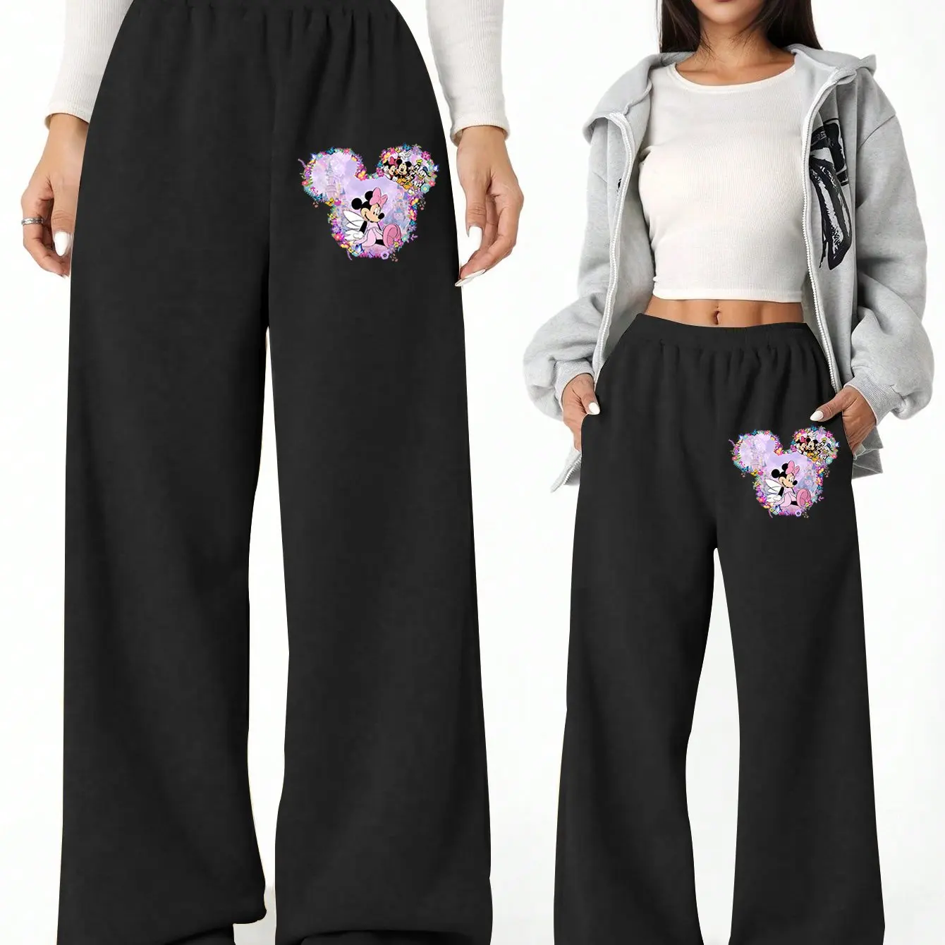 

Женские прямые спортивные штаны Disney Minnie Mouse, повседневные модные осенне-зимние флисовые спортивные штаны, уличная одежда больших размеров