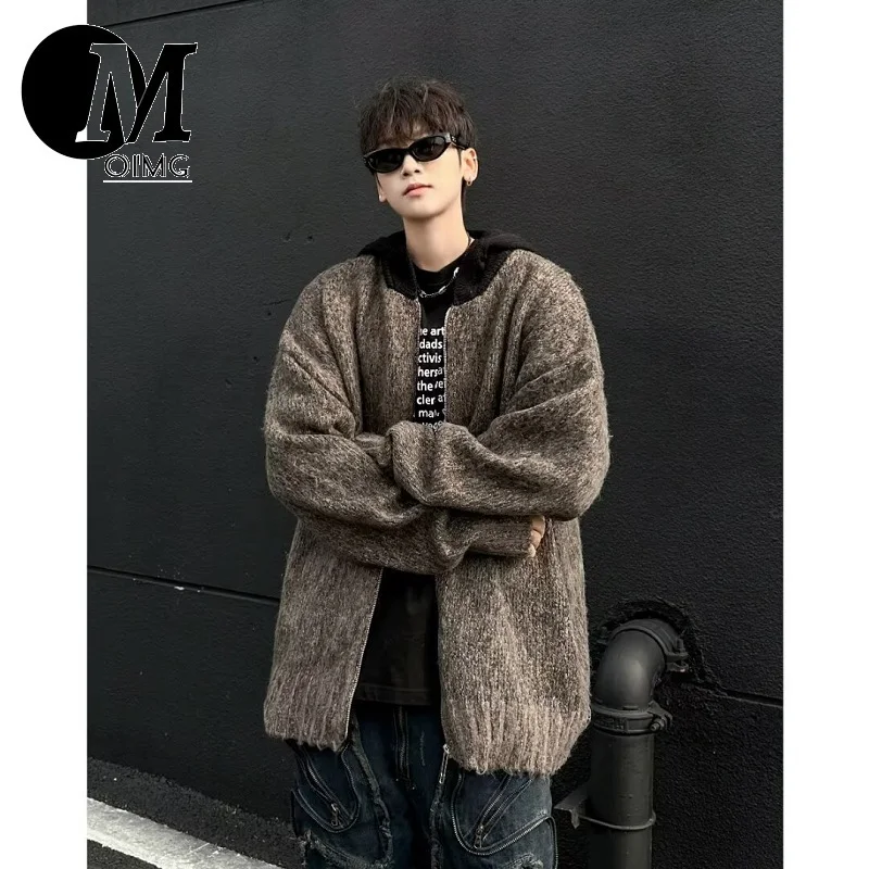 [OIMG] American Loose Cardigan Seahorse Fur Coat Men's Contrasting Color Hooded High Street Knit Sweater