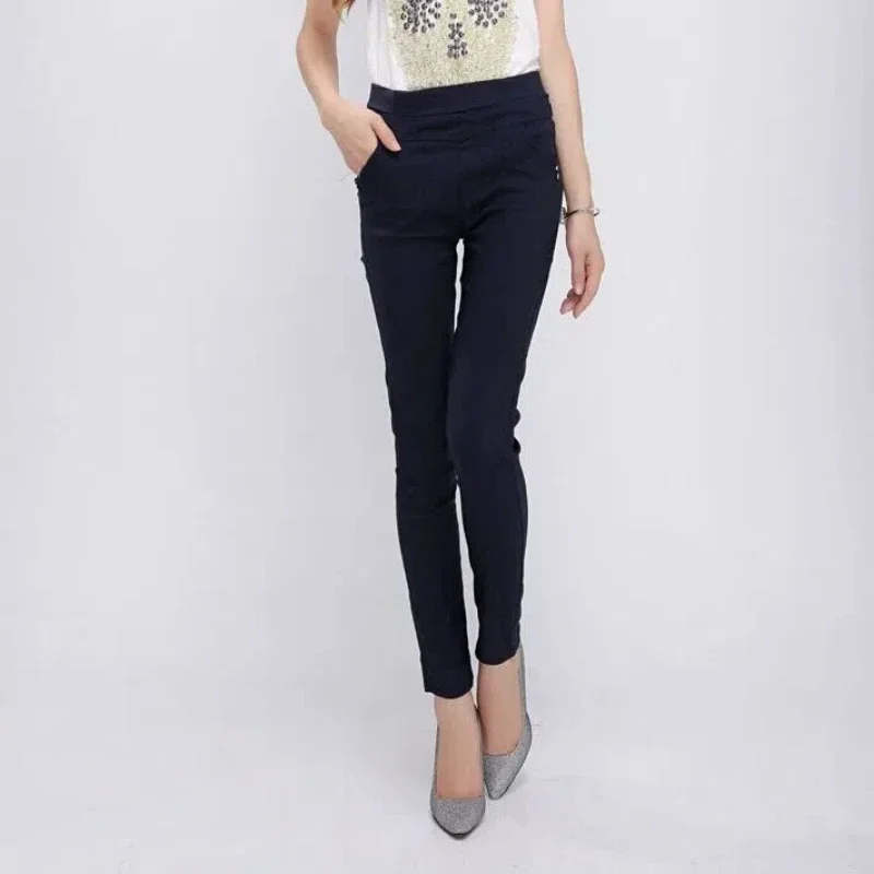 Spring Autumn Women's Clothing Elastic High Waisted Solid Color Pockets Button Casual Pencil Trousers Korean Fashion Pants