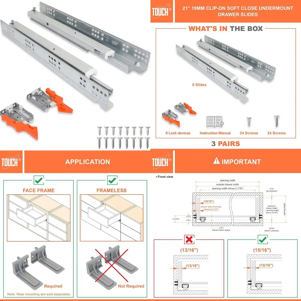 

Soft Close Under-Mount Drawer Slides, 3/4 Inch, 3 Pairs, 21 Inch Length, Concealed Runners for Smooth Drawer Movement