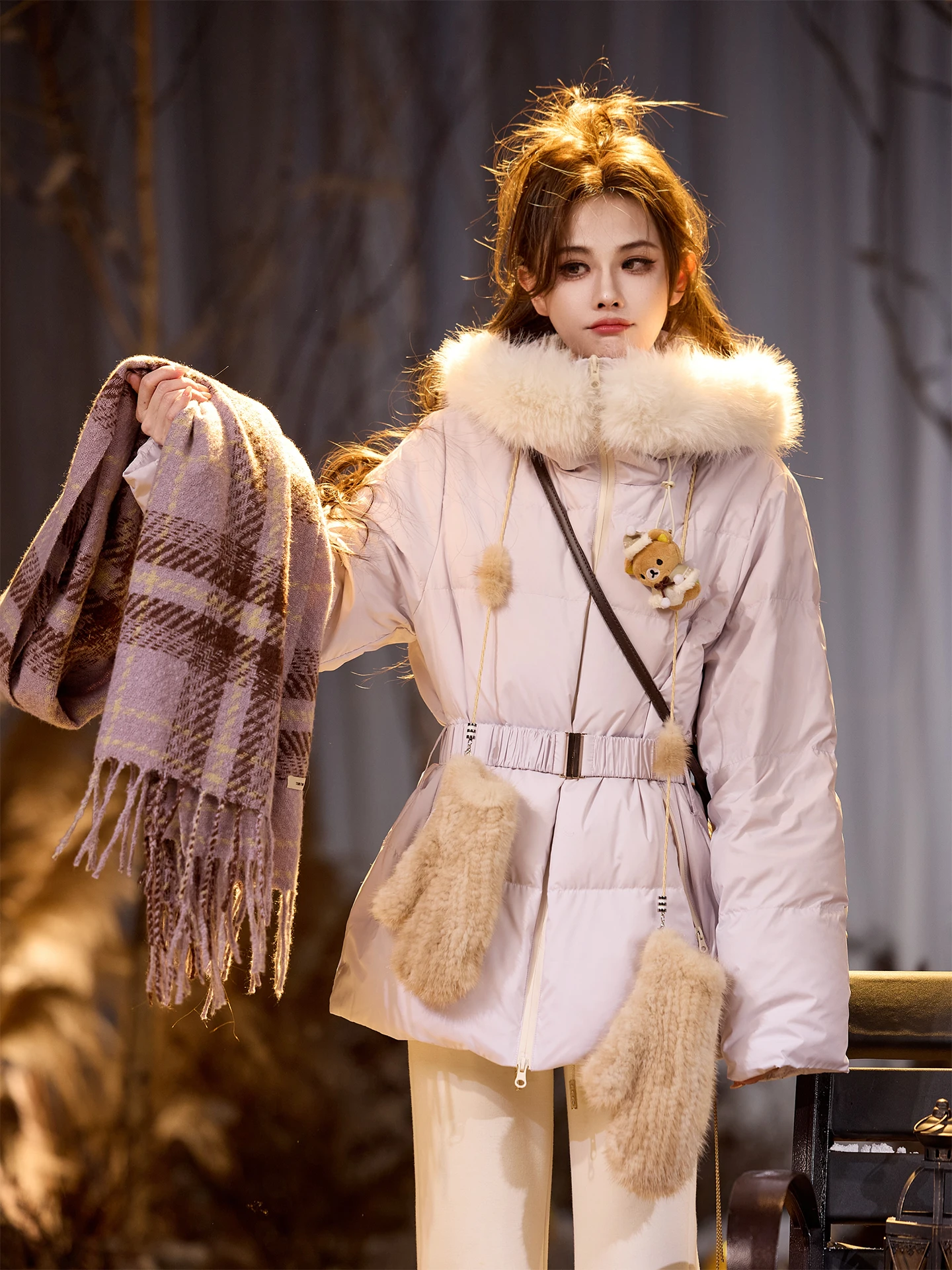 

TUNT Autumn Winter Tee-Proof Fabric 90 White Du down Hooded Jaet Large Fur Collar Women's Casual Sle Loose Fit Coat