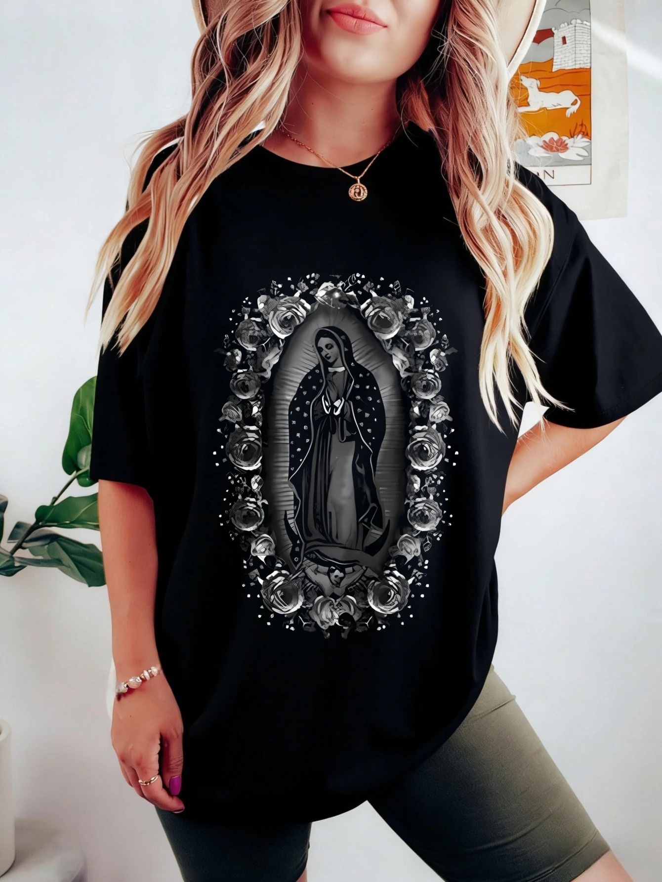 

Womens Oversized Cotton Virgin Mary Graphic Short Sleeve Summer Casual Tshirt Gift for Her