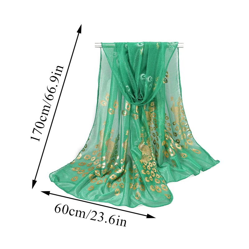 Summer Chiffon Long Scarf Georgette Neck Scarves Fashion Solid Hijab Scarf Glitter Thin Muffler Gold Peacock Print Wrap Shawl