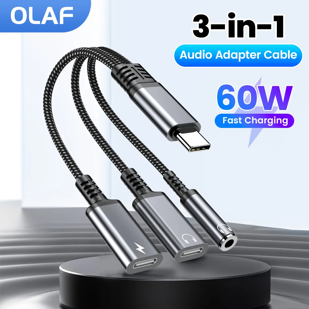 

USB Type C, разъем 3,5 мм, адаптер для наушников USB C на 3,5 мм/тип C, аудиокабель AUX для наушников для iPhone 16 15 Sumsung, 60 Вт, быстрая зарядка