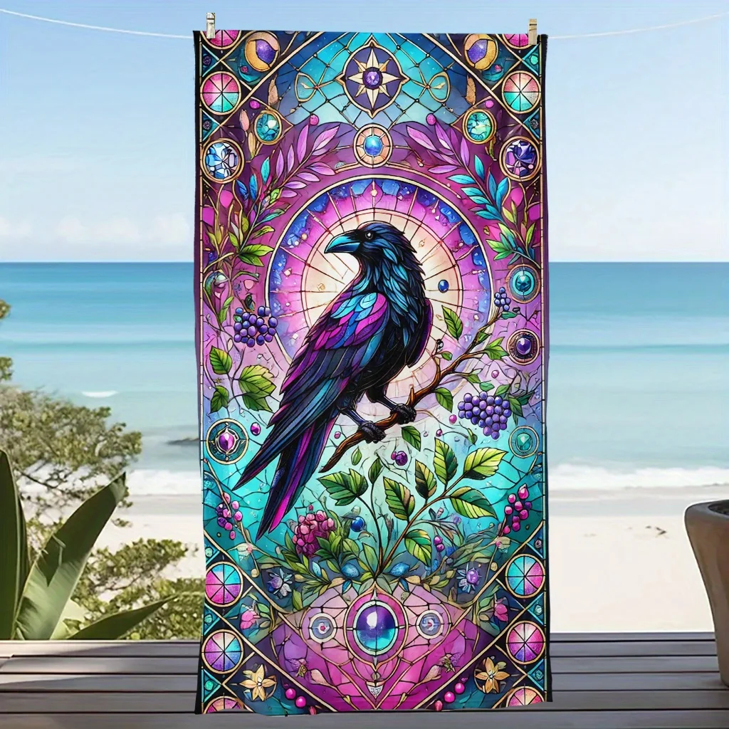 Mystical Raven Stained Glass Beach Towel, Jewel Tones Crow Design Quick-Dry Sand-Free Bath Towel for Pool and Vacation